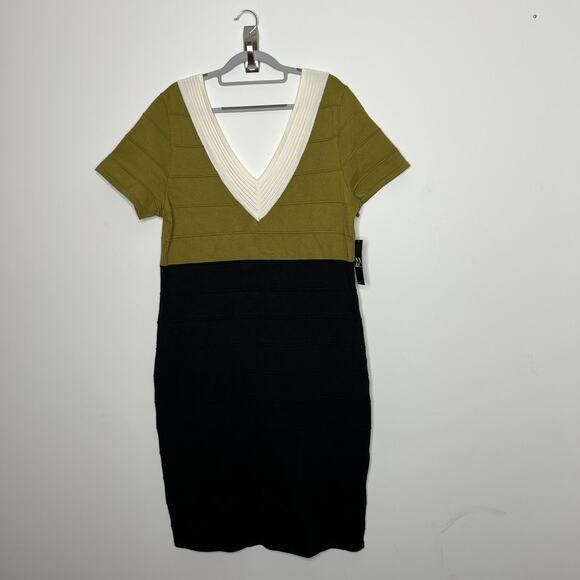 New York & Co Knit Dress Womens 2XL Green Black Colorblock Deep V Short Sleeve - Picture 3 of 13